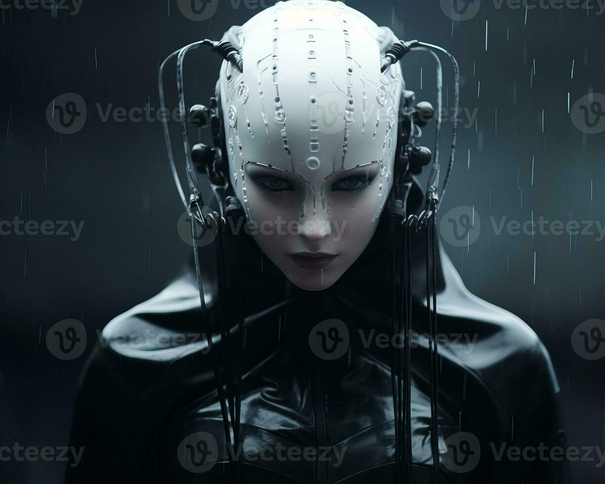 a woman in a black suit with a white helmet on her head in the rain generative ai photo