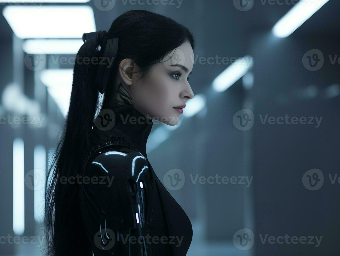 a woman in a futuristic outfit standing in an empty hallway generative ai photo