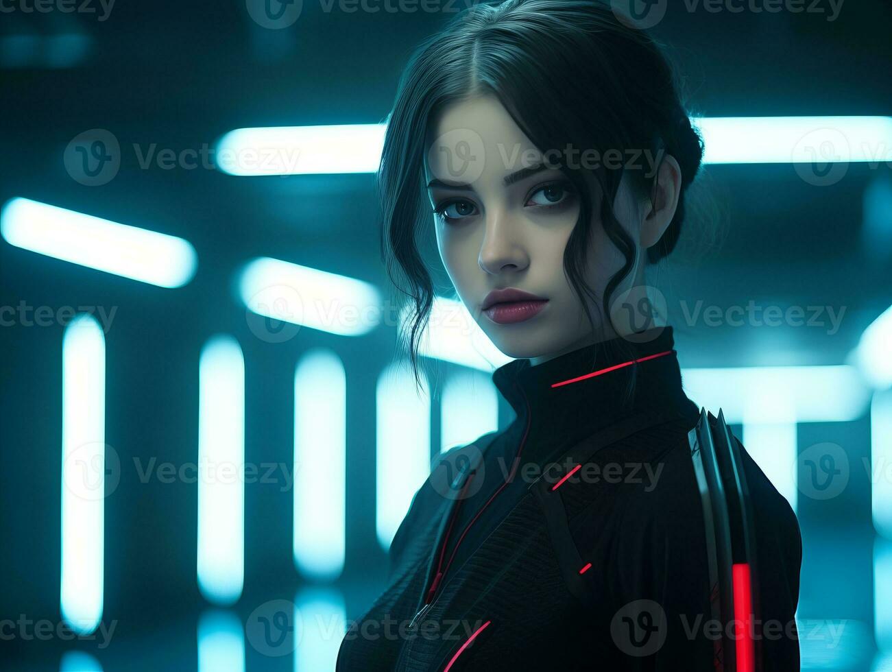 a woman in a futuristic outfit with neon lights photo