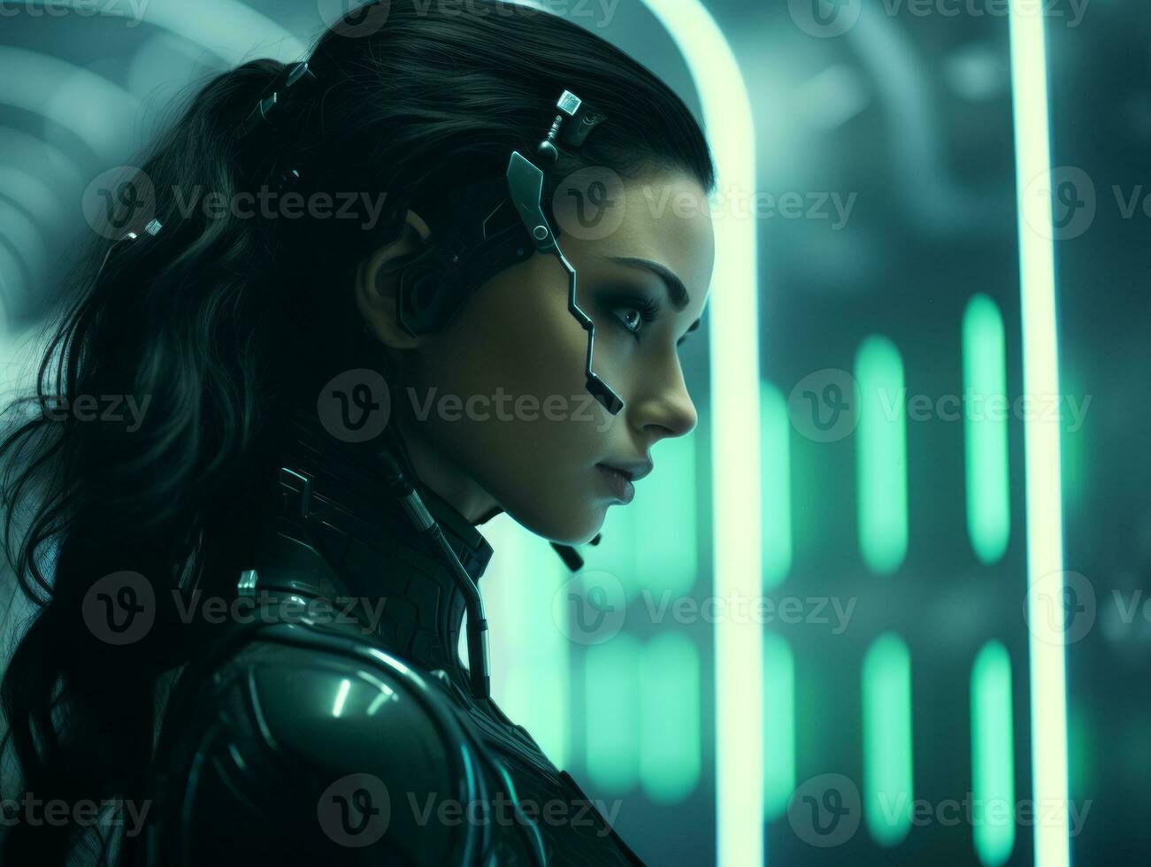 a woman in a futuristic suit standing in a futuristic tunnel generative ai photo