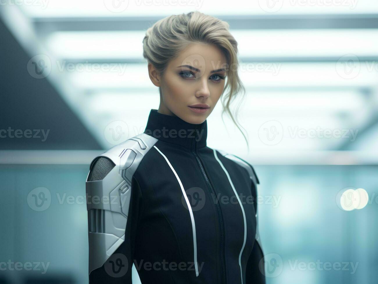 a woman in a futuristic suit standing in an office generative ai photo