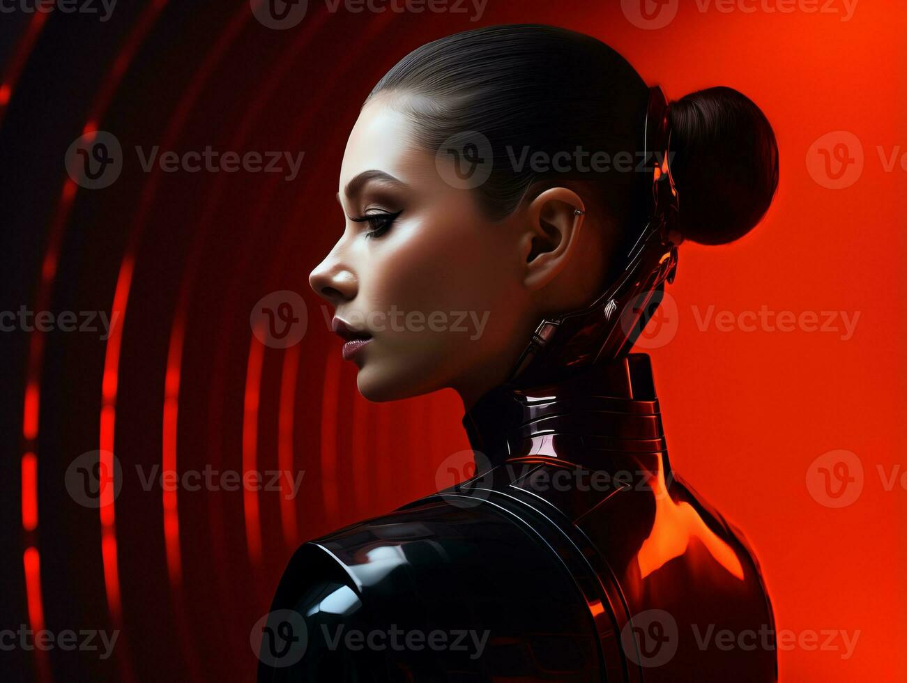 a woman in a futuristic suit with a red background generative ai photo