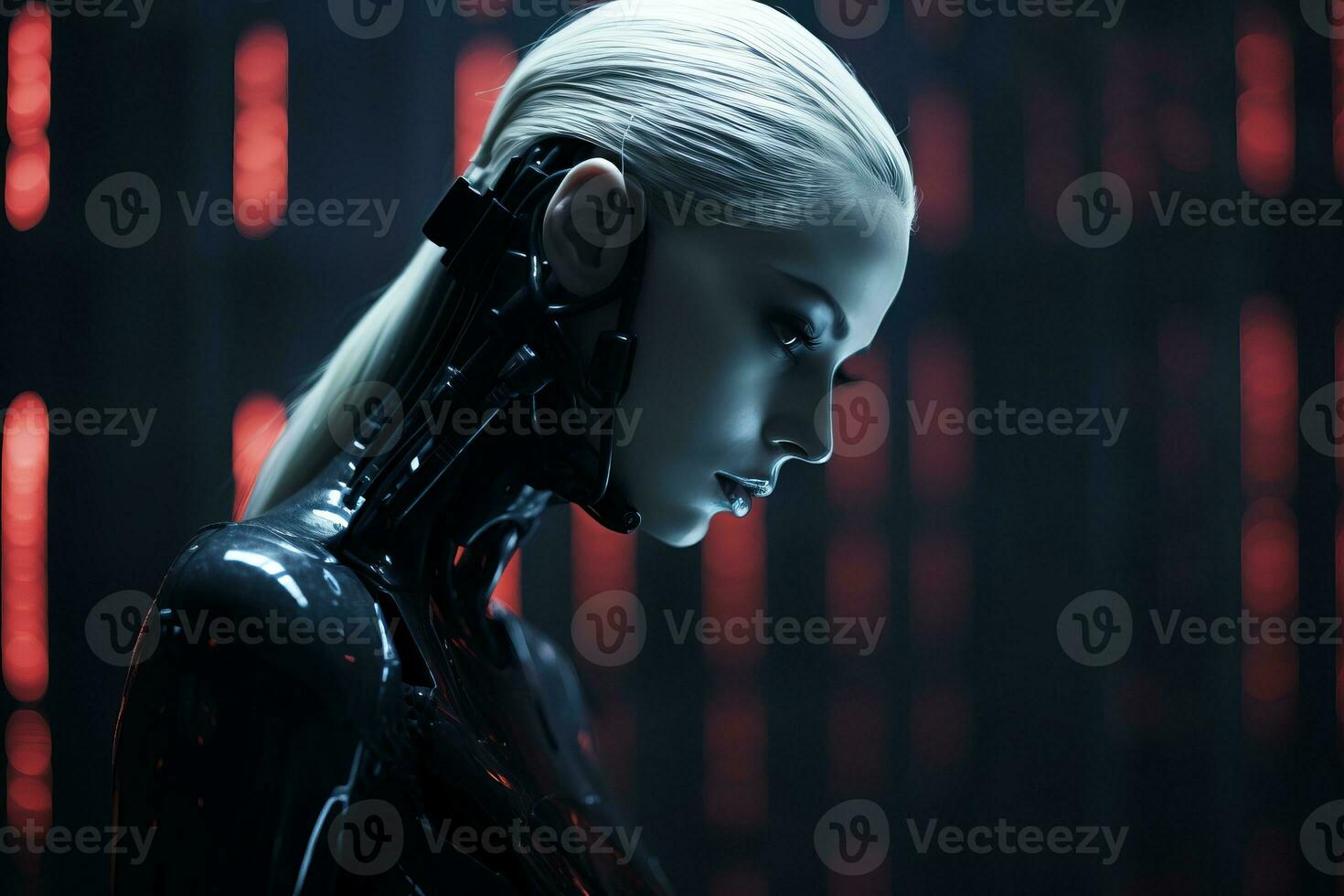 a woman in a futuristic suit stands in front of red lights generative ai photo