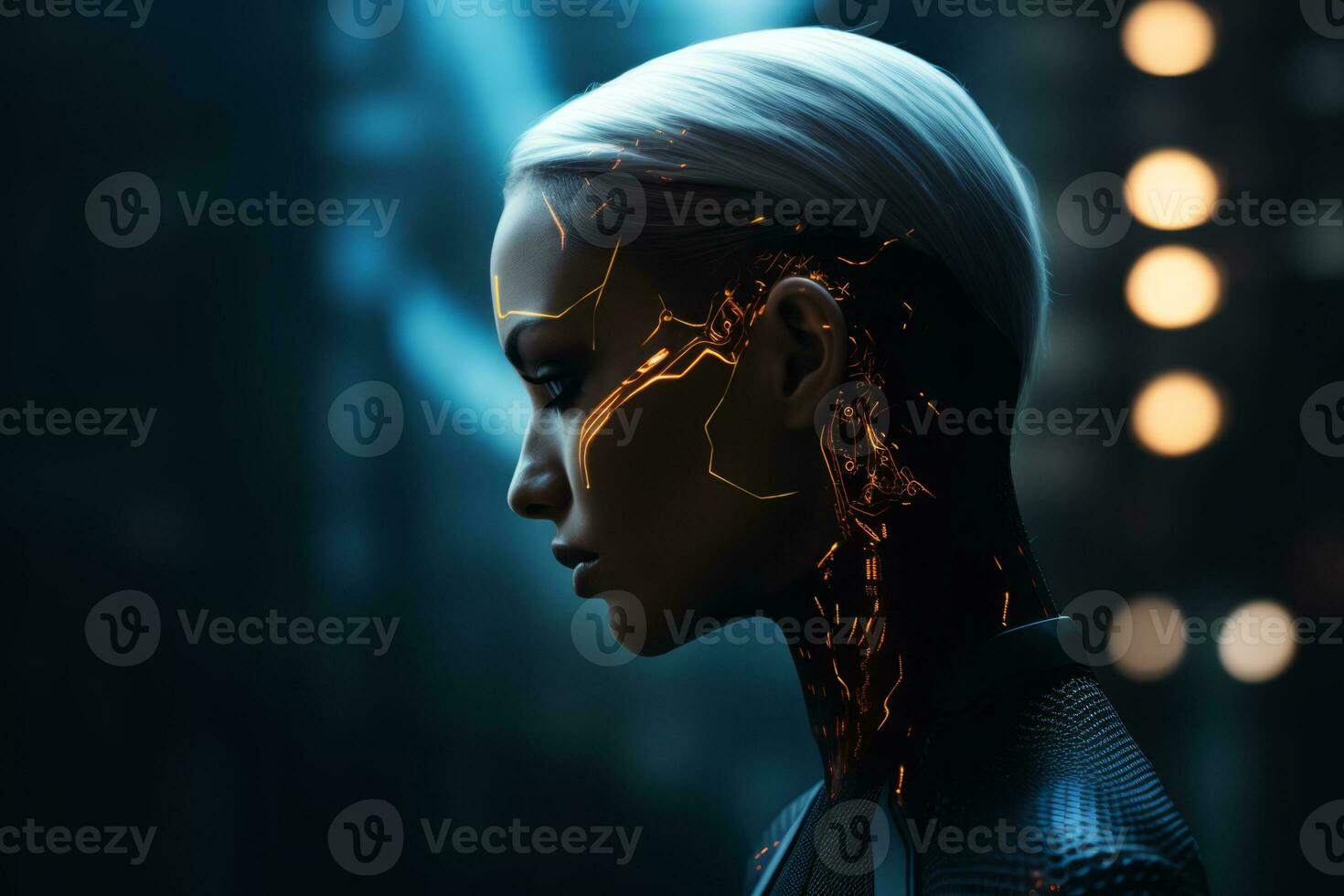 a woman in a futuristic suit with lightning coming out of her head generative ai photo