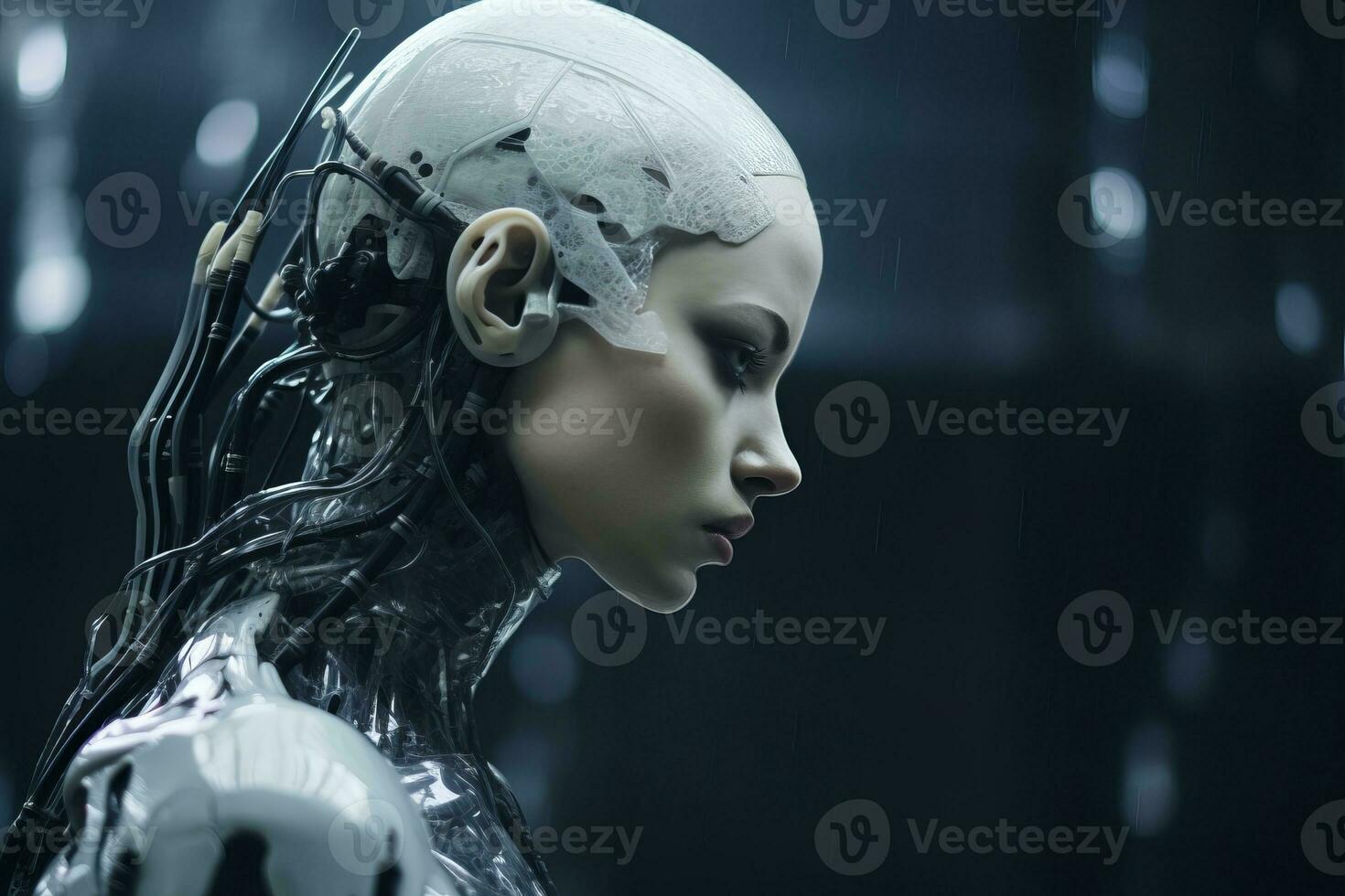 a woman in a futuristic suit with wires attached to her head photo