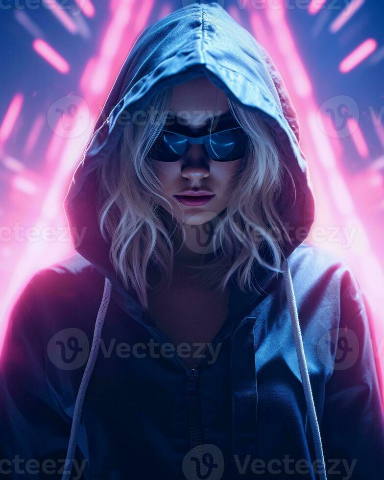 a woman in a hoodie and sunglasses in front of neon lights generative ai photo