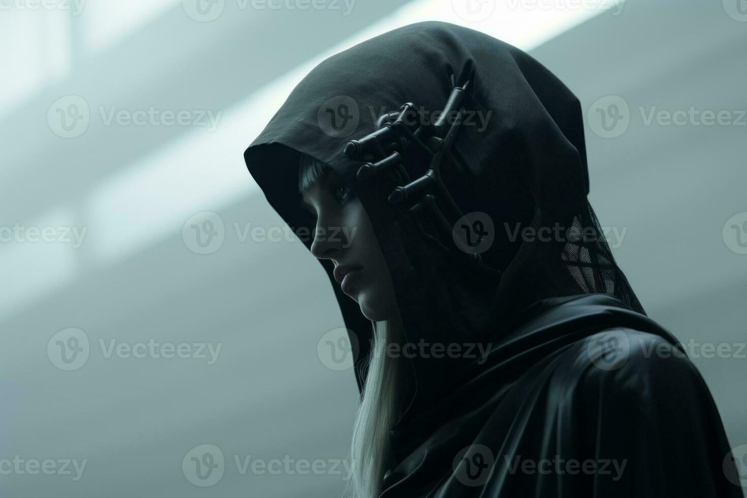 a woman in a hooded robe standing in a dark room generative ai photo