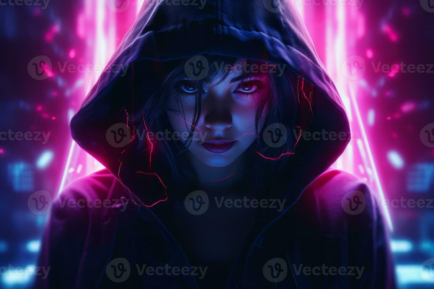 a woman in a hoodie with neon lights generative ai photo