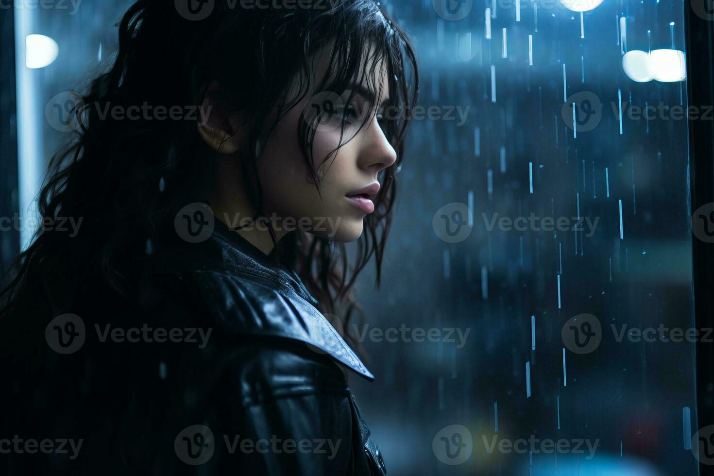 a woman in a leather jacket looking out the window in the rain generative ai photo
