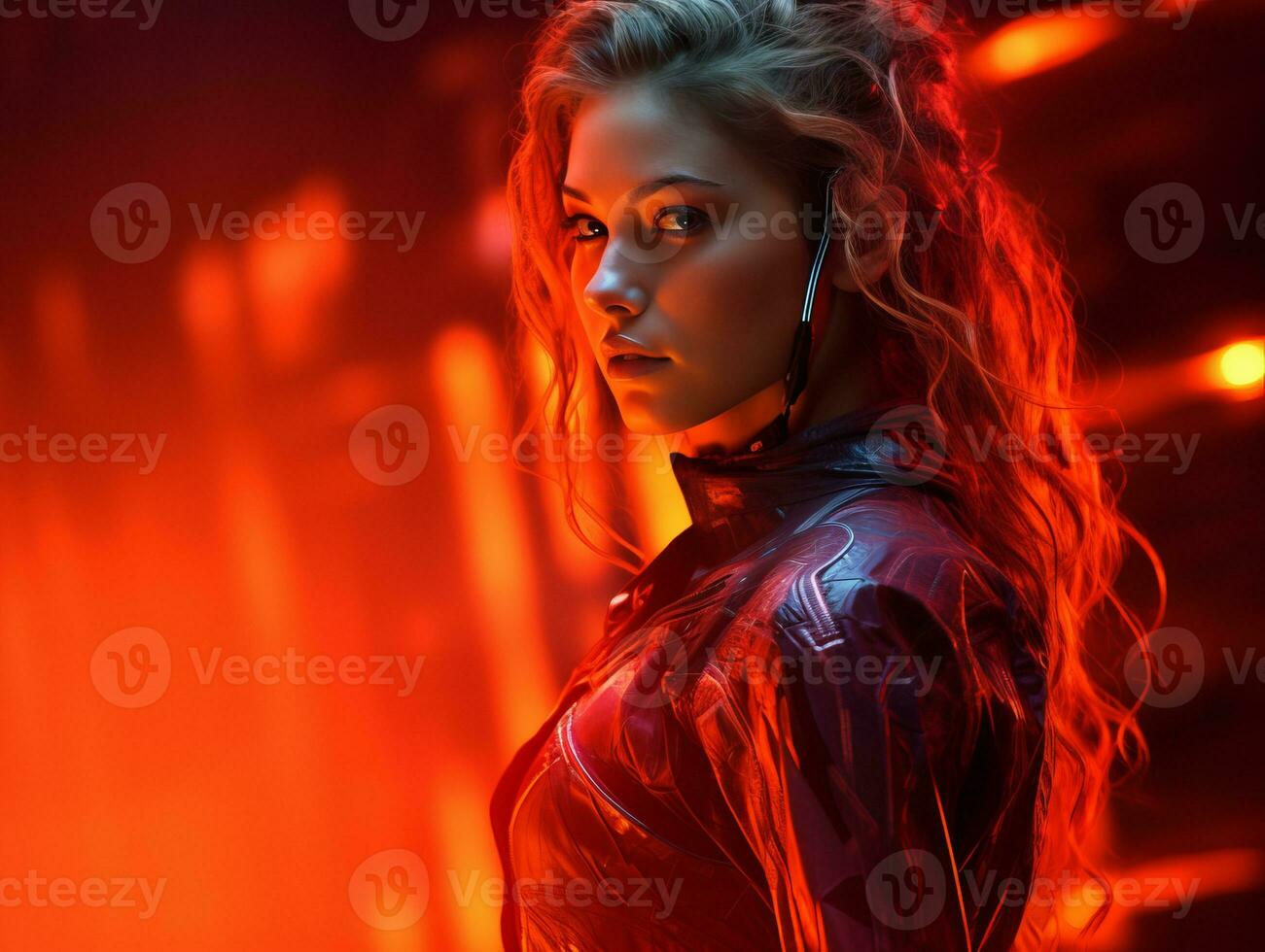a woman in a red leather jacket standing in front of a red light generative ai photo