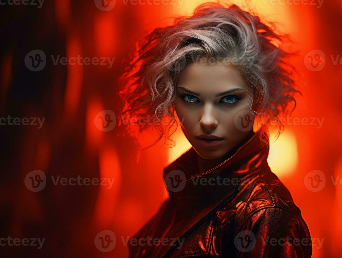 a woman in a red leather jacket with blue eyes generative ai photo