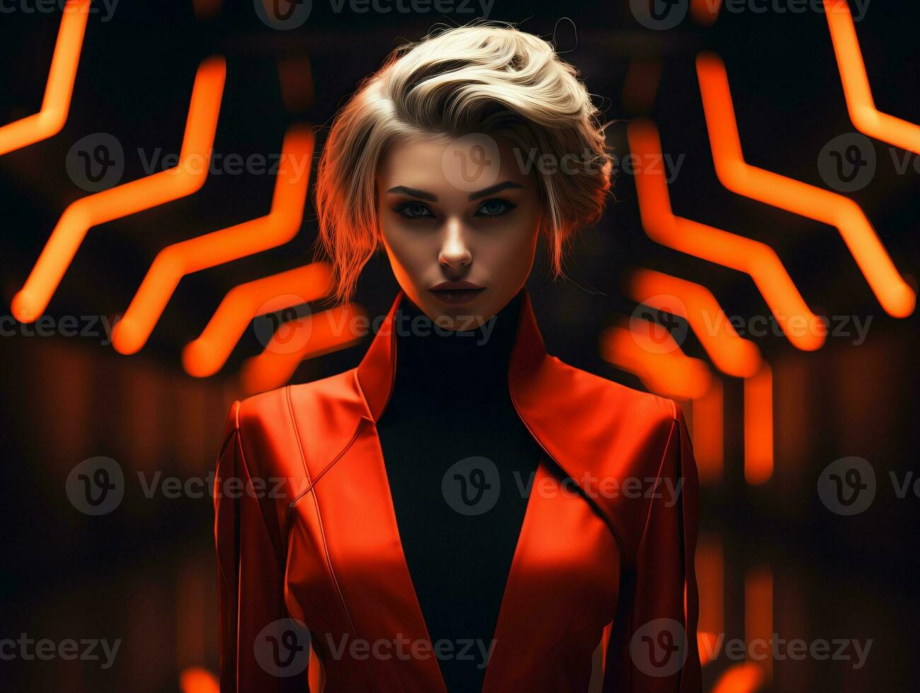 a woman in an orange suit standing in front of neon lights generative ai photo
