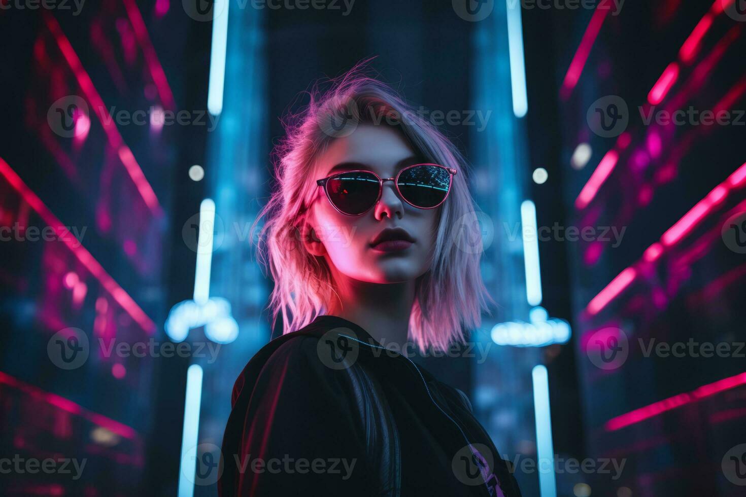 a woman in sunglasses standing in front of neon lights generative ai photo