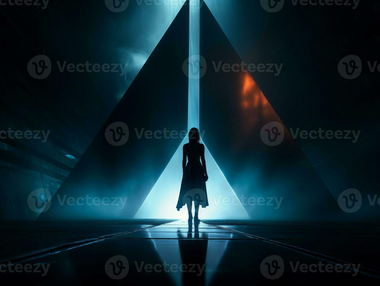 a woman standing in front of a large triangle generative ai photo