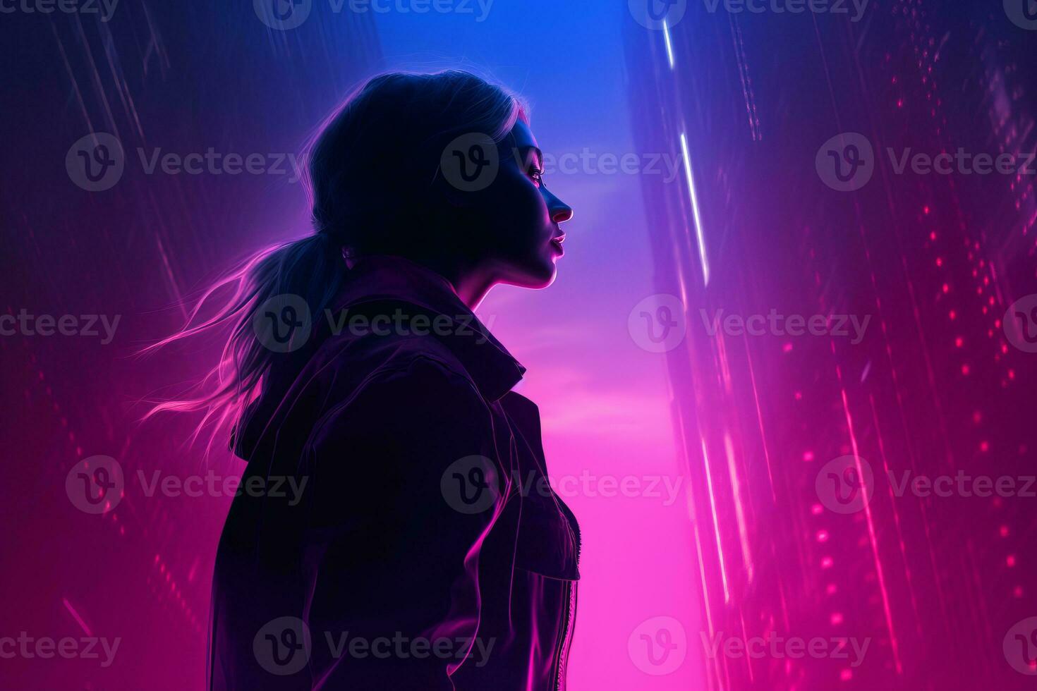 a woman standing in front of a city with neon lights generative ai photo