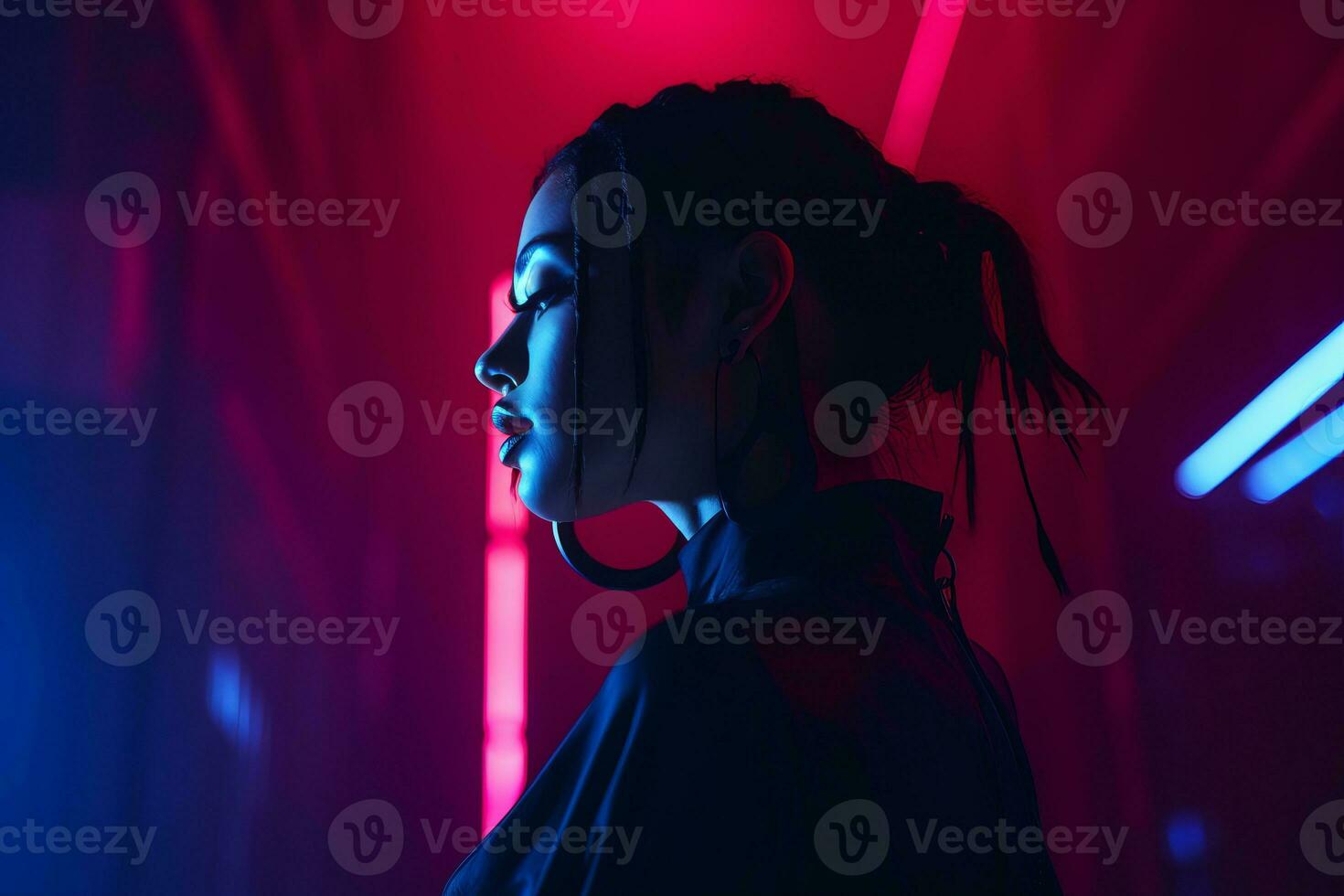 a woman standing in front of neon lights generative ai photo