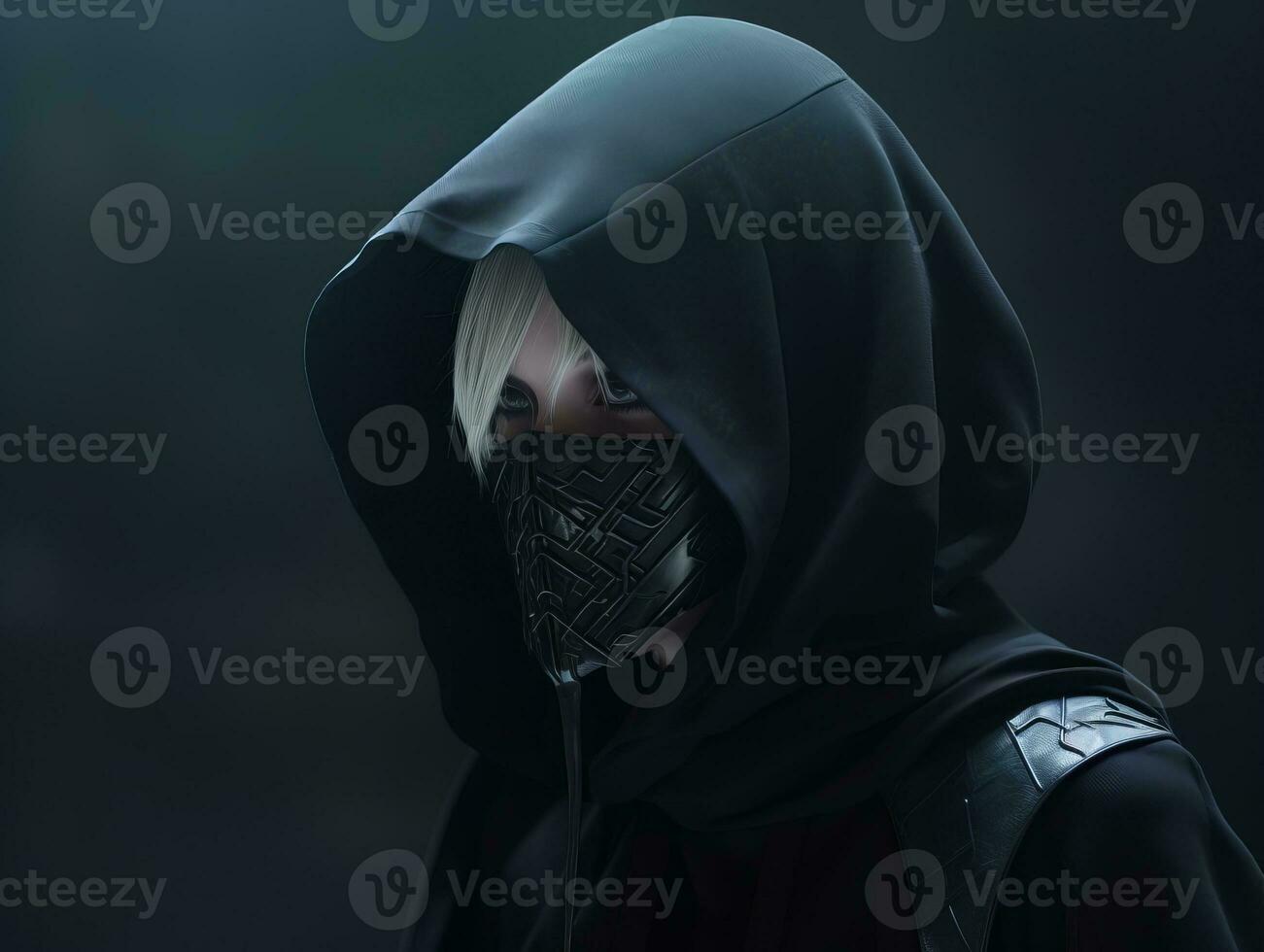 a woman wearing a black hoodie and a black mask generative ai photo