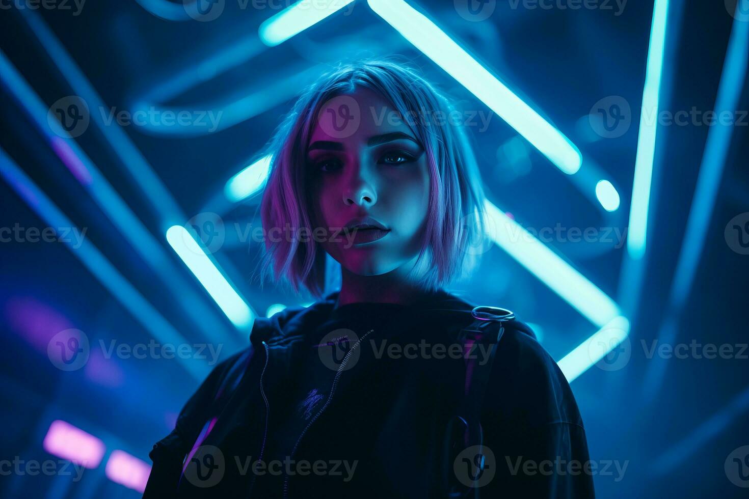 a woman standing in front of neon lights generative ai photo