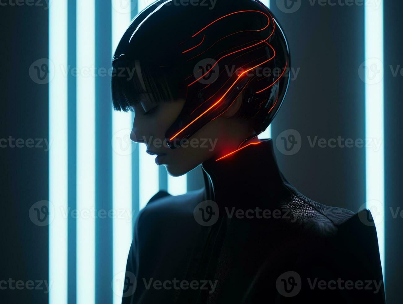 a woman wearing a futuristic helmet with neon lights generative ai photo