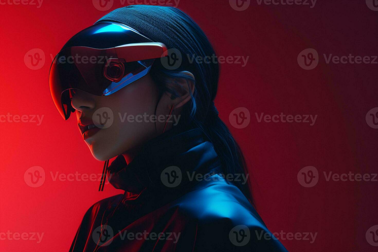 a woman wearing a virtual reality headset in front of a red background generative ai photo