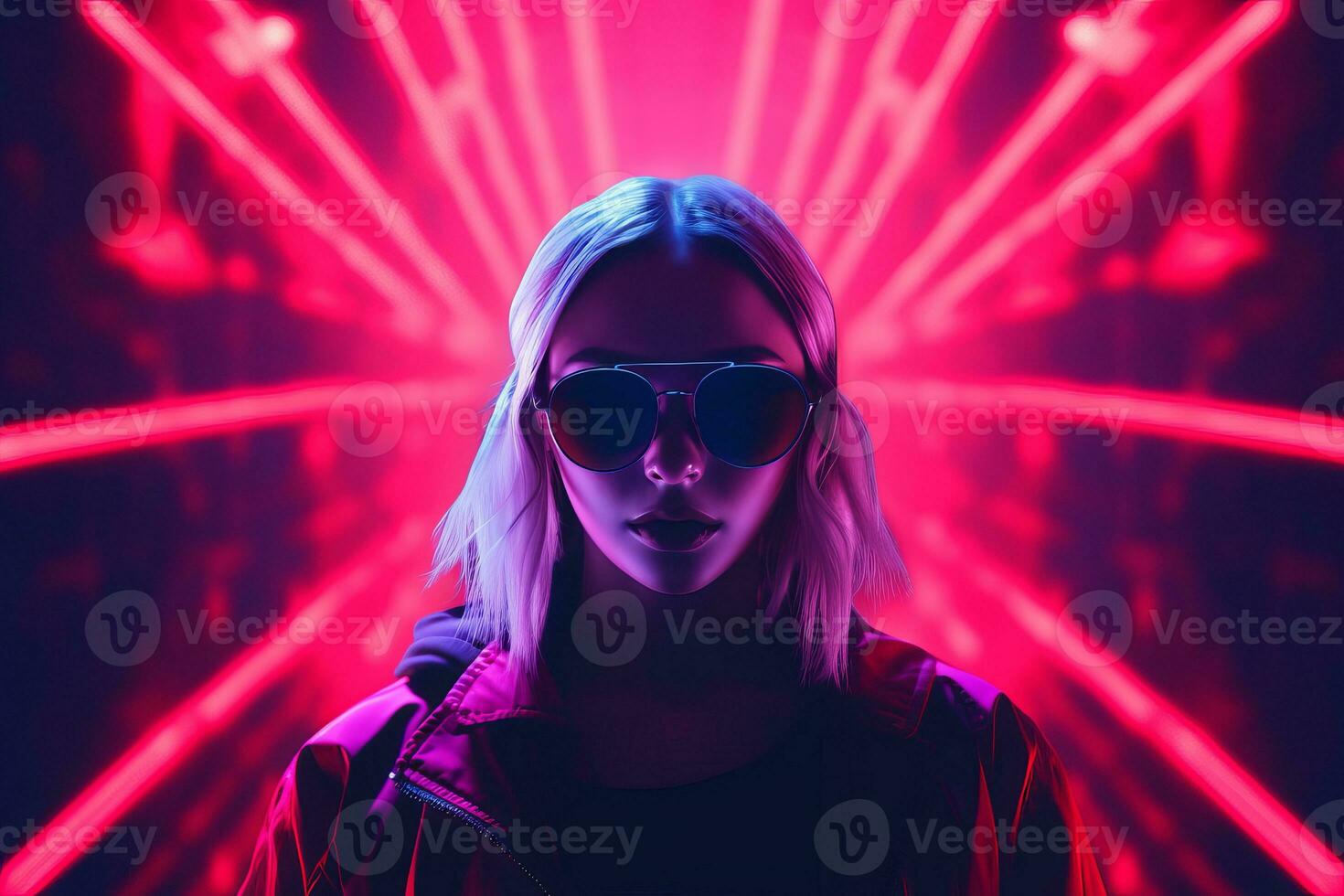 a woman wearing sunglasses and a red jacket in front of neon lights generative ai photo