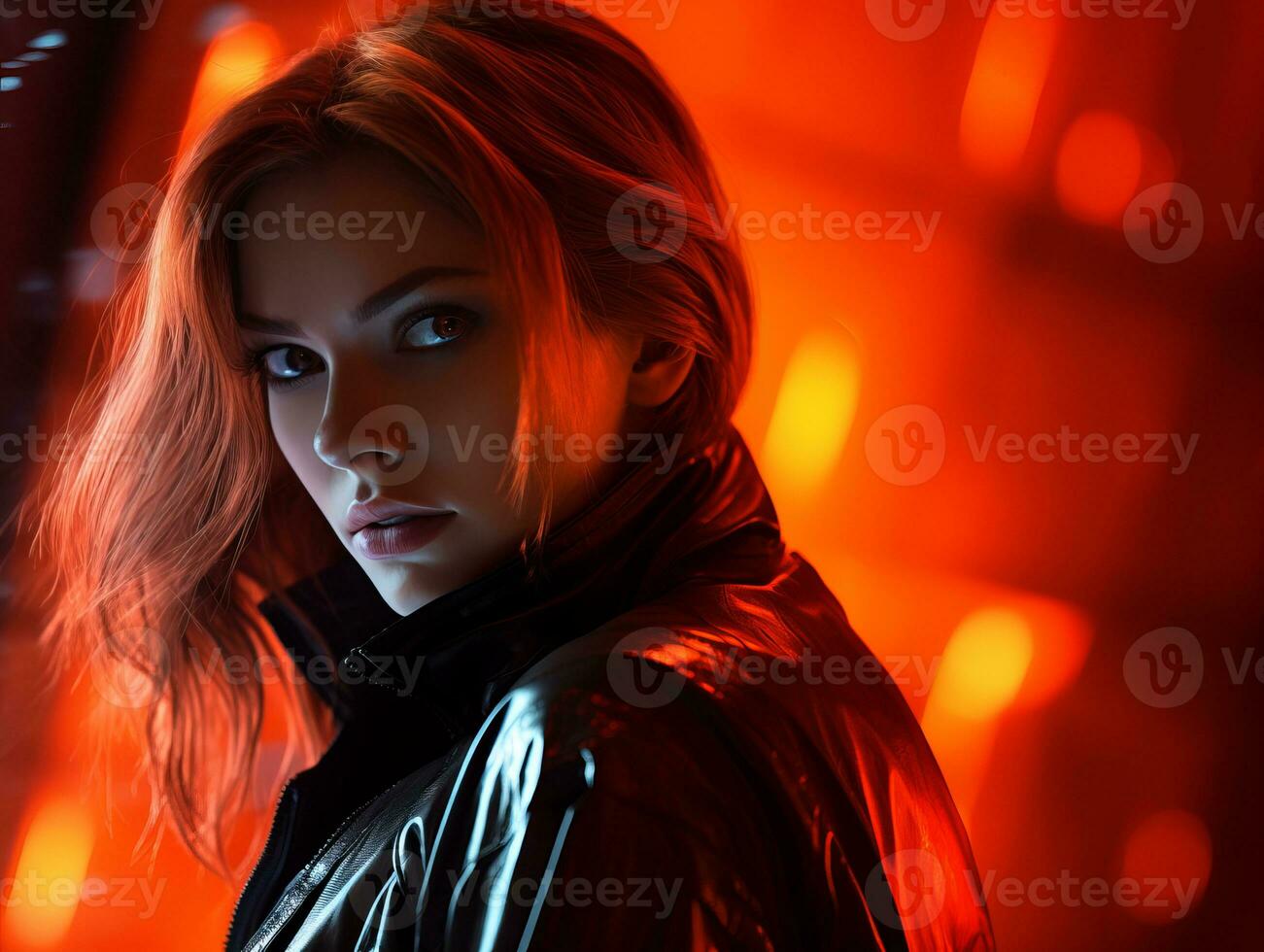 a woman with red hair in a black leather jacket photo