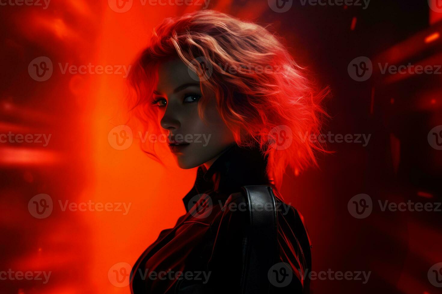 a woman with red hair standing in front of a red light generative ai photo