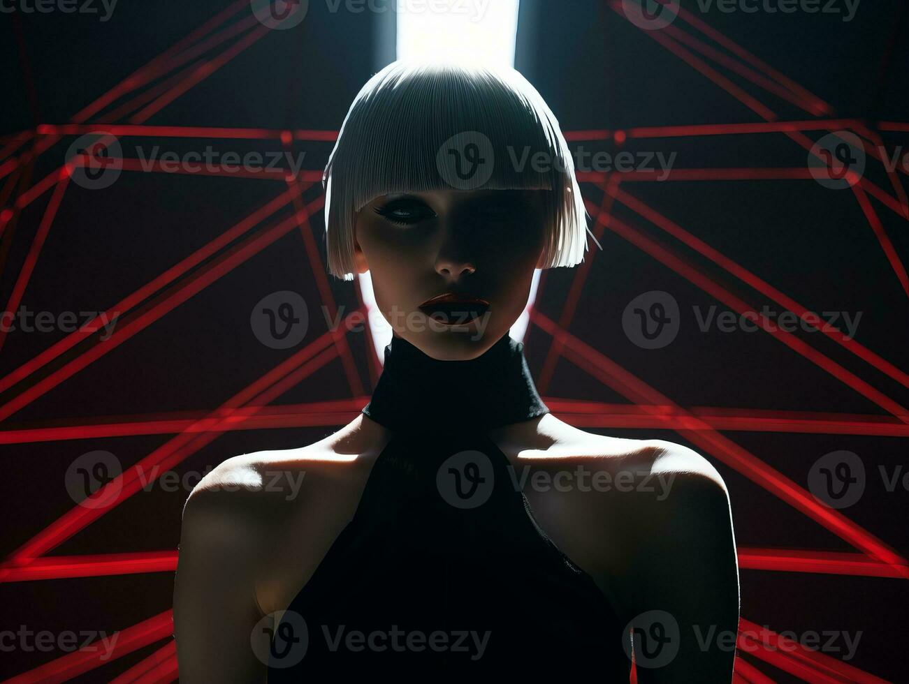 a woman with white hair and a black dress standing in front of a red light generative ai photo