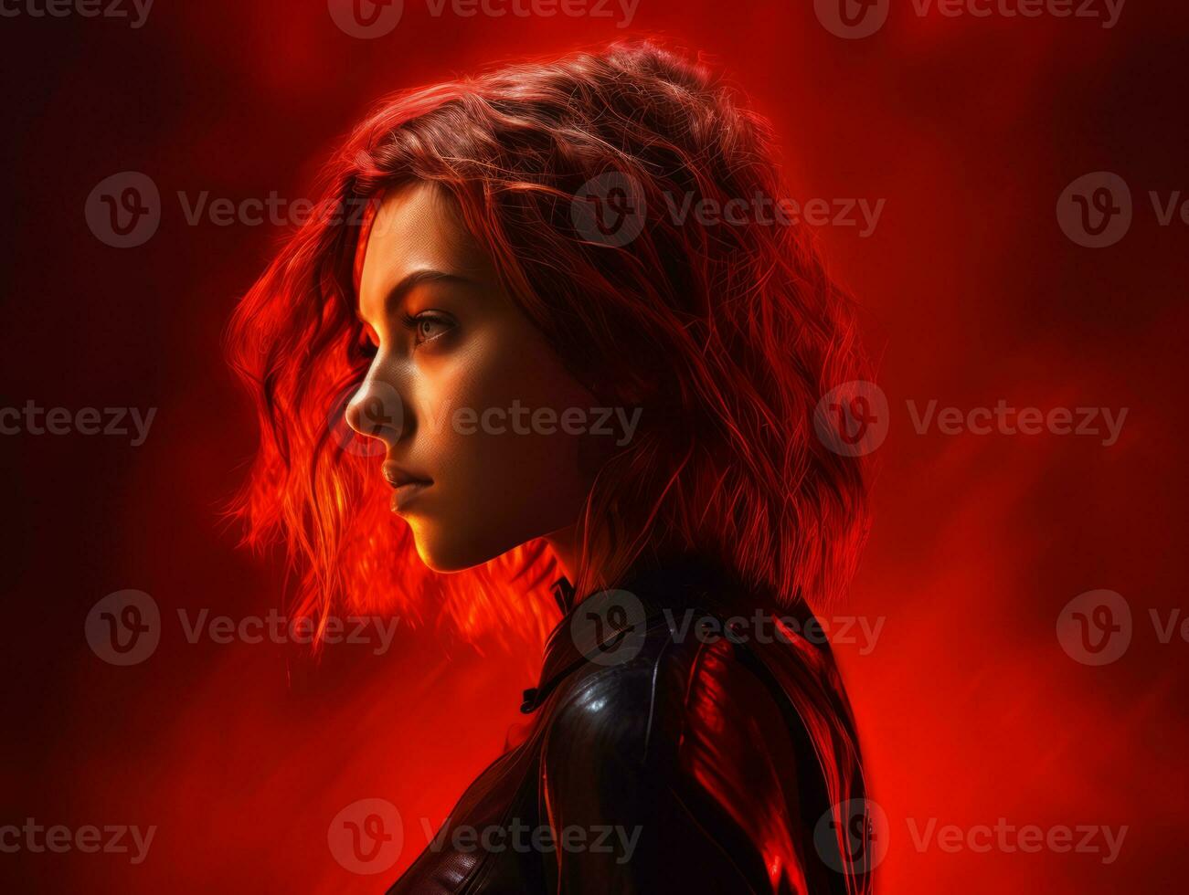 a woman with red hair standing in front of a red background generative ai photo