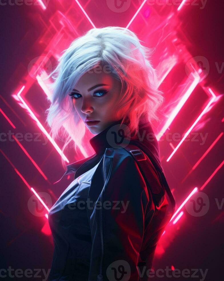 a woman with white hair and black jacket standing in front of neon lights generative ai photo