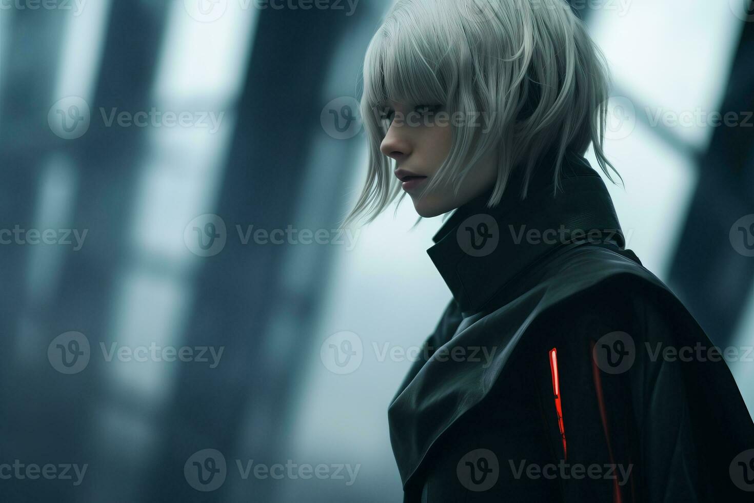 a woman with white hair standing in a dark room generative ai photo