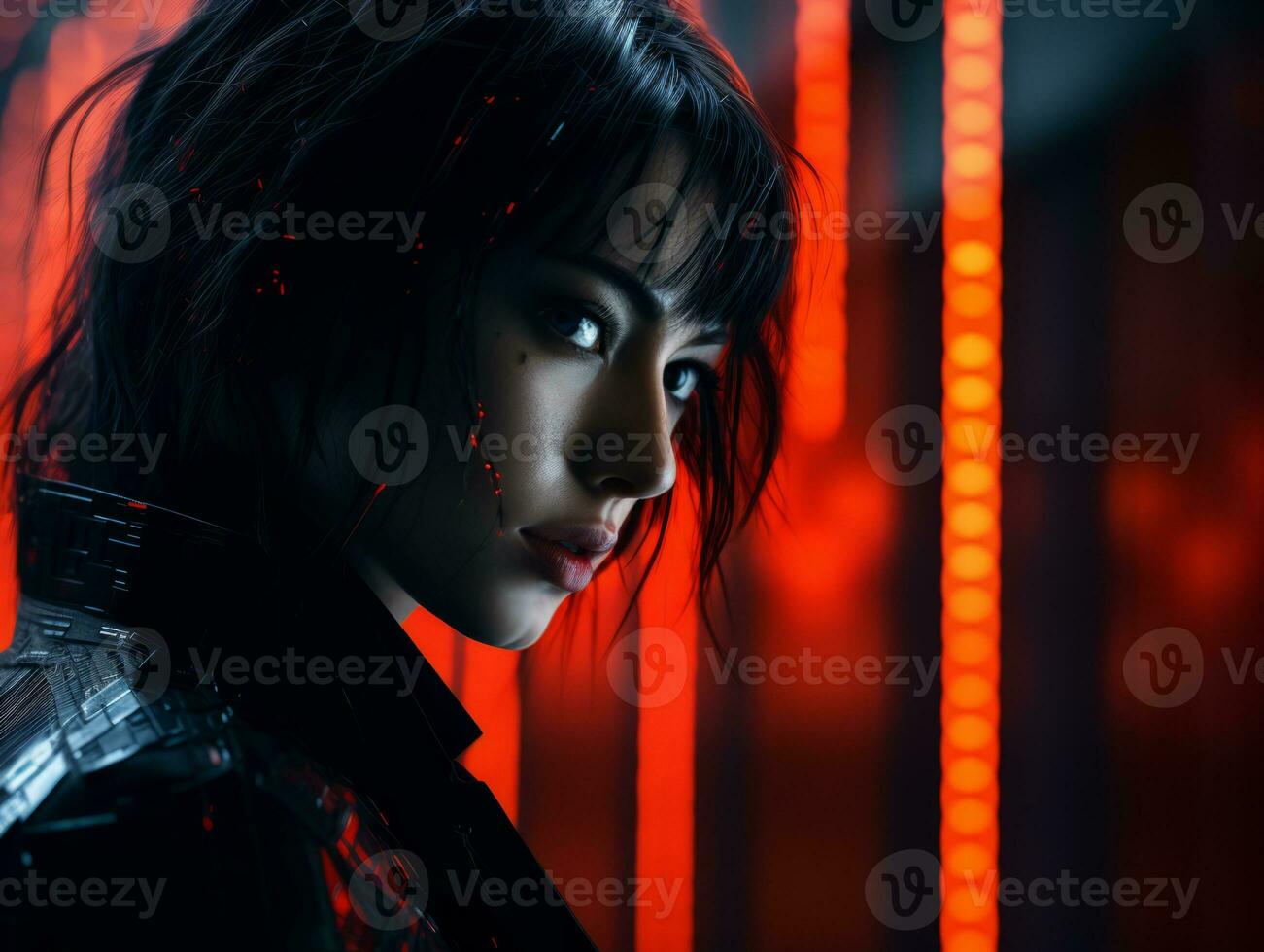 an asian woman with red lights in front of her generative ai photo