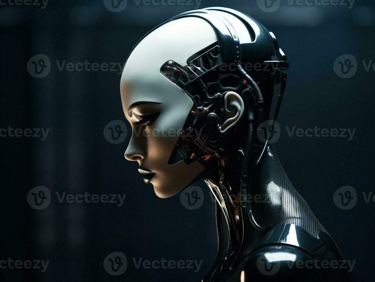 an image of a female robot in a dark room generative ai photo