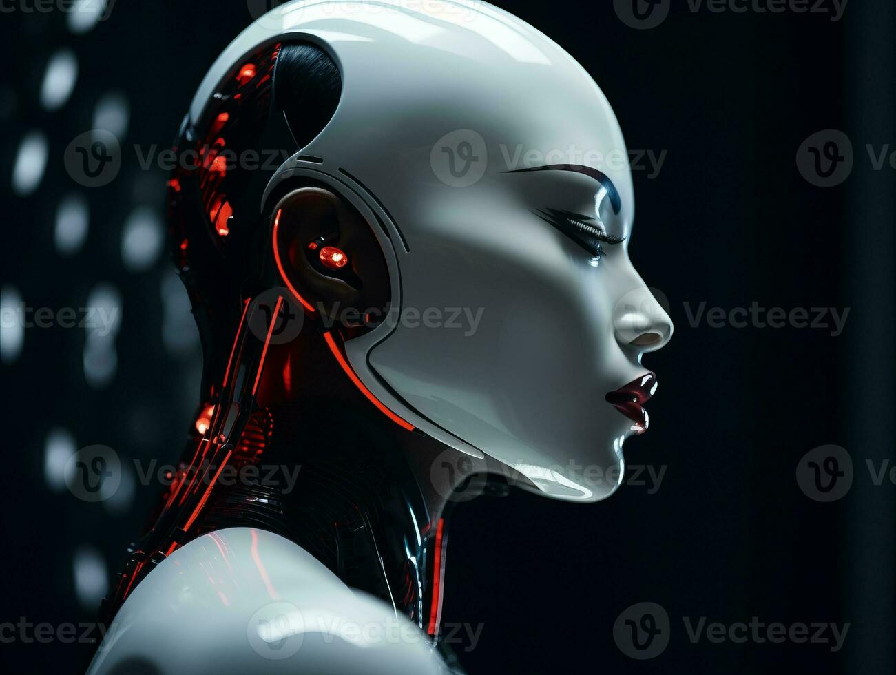 an image of a female robot with glowing red eyes generative ai photo