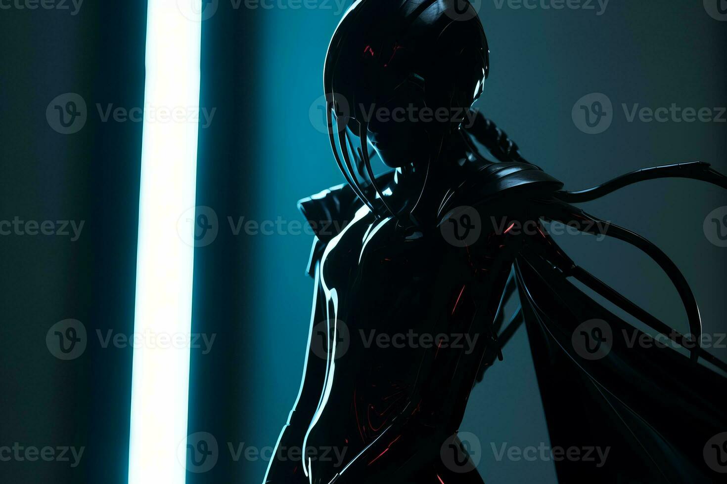 an image of a woman in a black suit standing in front of a light generative ai photo