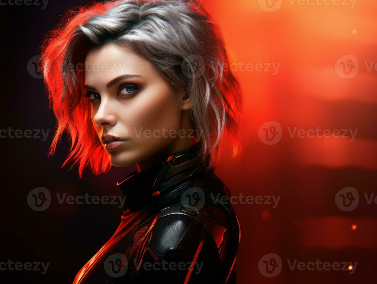 an image of a woman in a black suit with red hair generative ai photo
