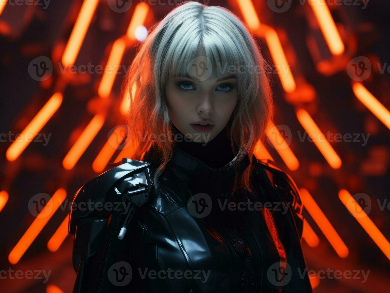 an image of a woman in a black suit with neon lights generative ai photo