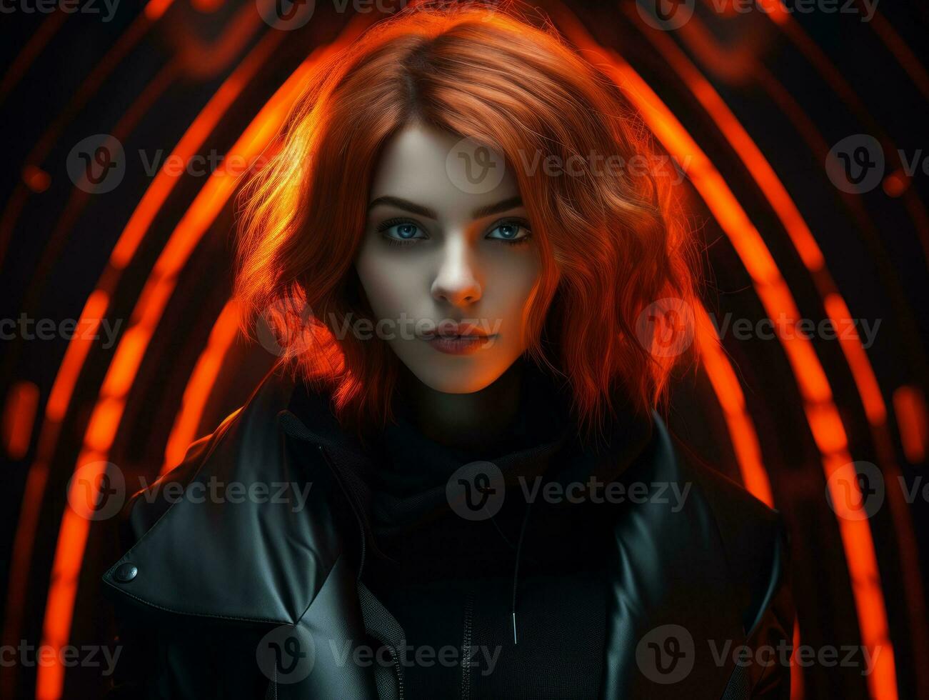 an image of a woman with red hair and black jacket generative ai photo