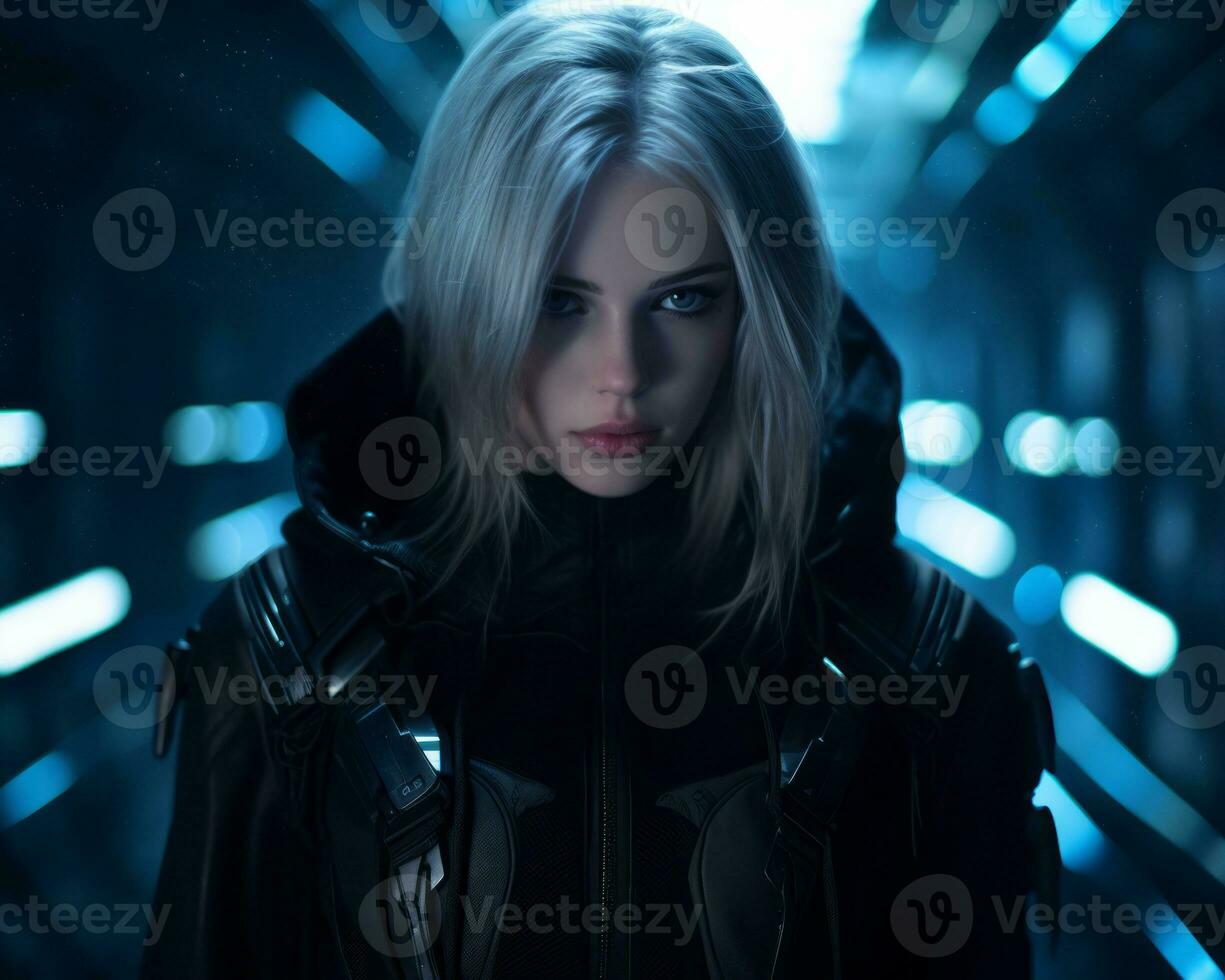 an image of a woman with white hair and black clothes generative ai photo