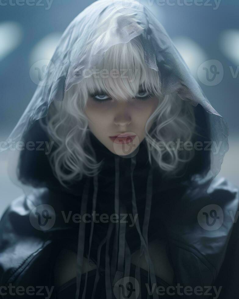 an image of a woman with white hair and blue eyes generative ai photo