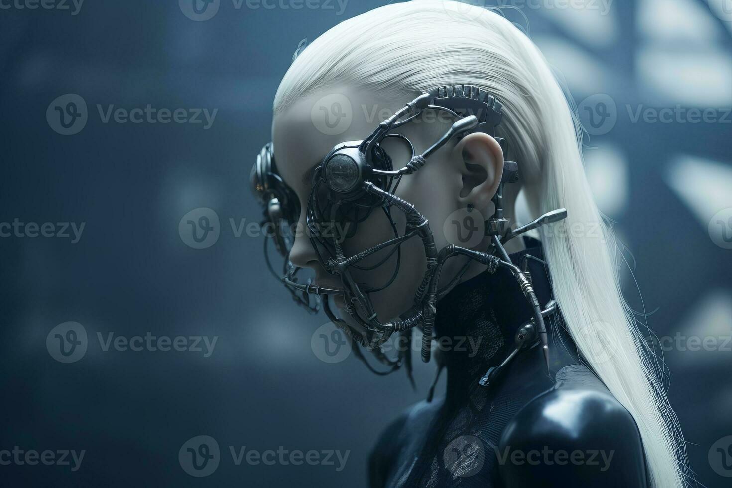 an image of a woman with white hair and a metal mask generative ai photo