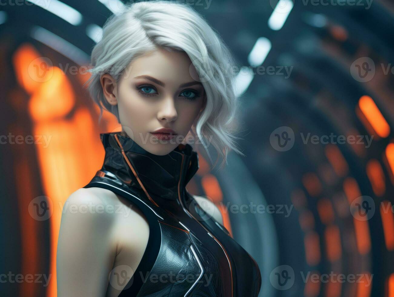 an image of a woman with white hair and blue eyes generative ai photo