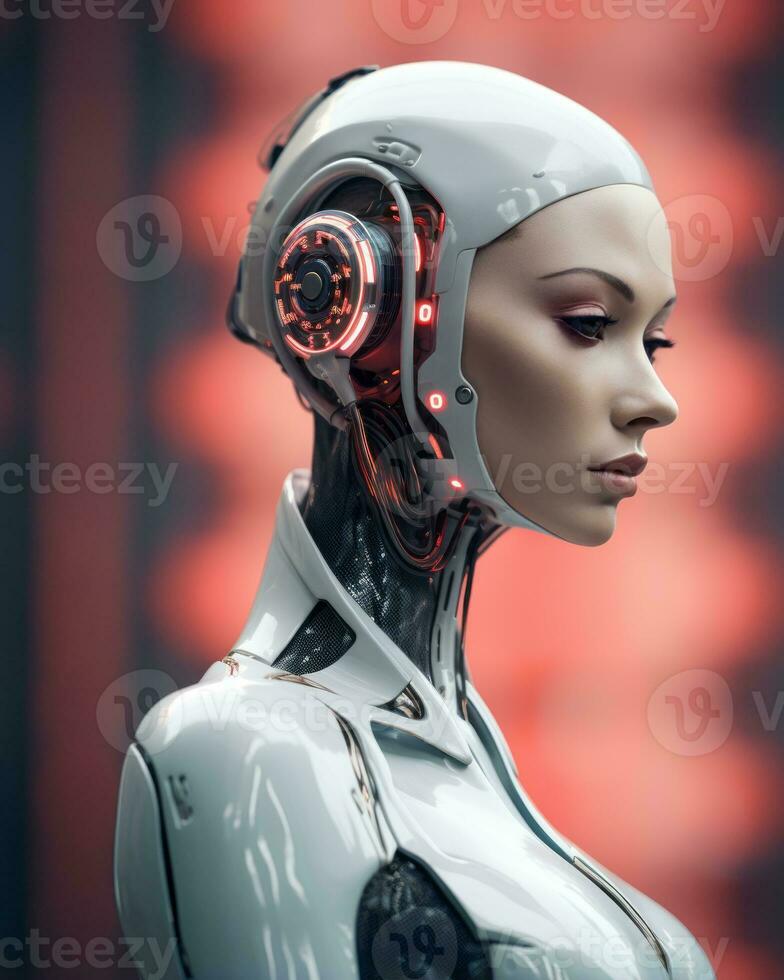 3d rendering of a female cyborg with red lights on her head generative ai photo