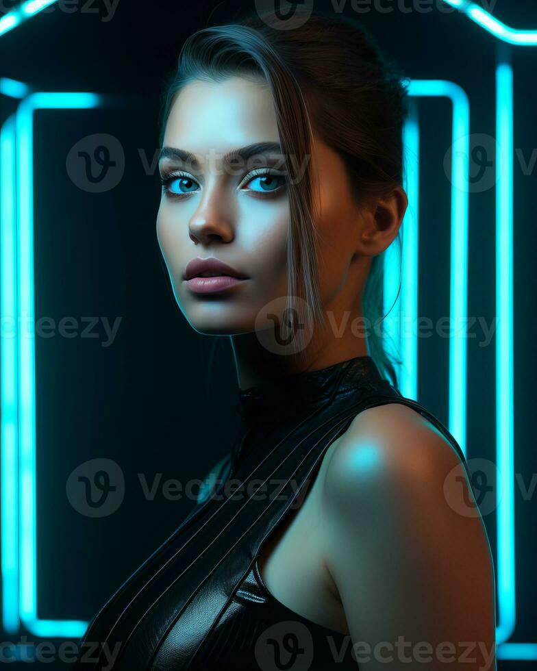 a beautiful woman in a futuristic setting with neon lights generative ai photo