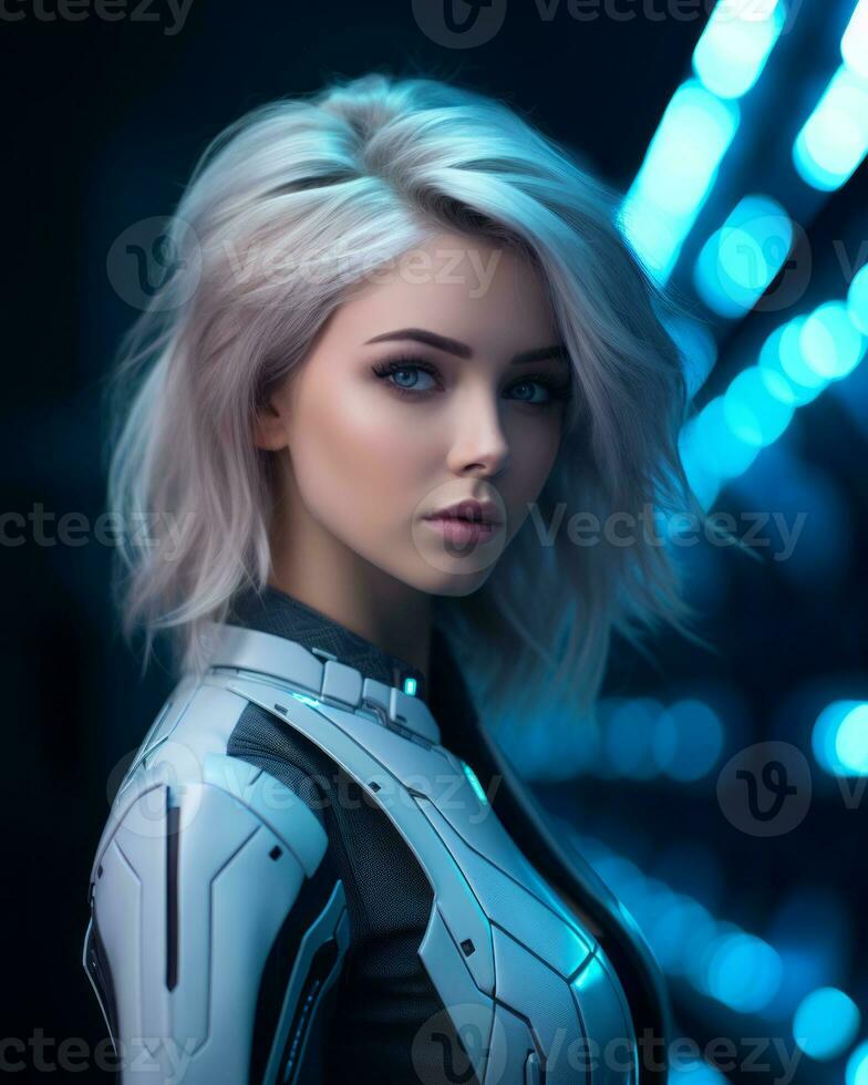a beautiful woman in a futuristic suit generative ai photo