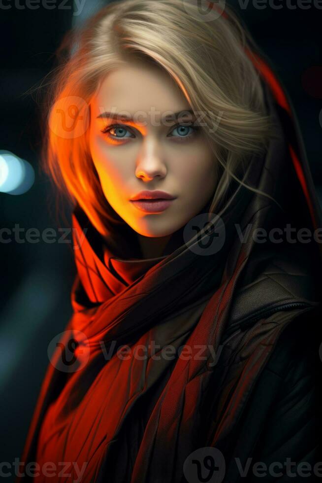 a beautiful blonde woman in a black cloak and red light generative ai photo