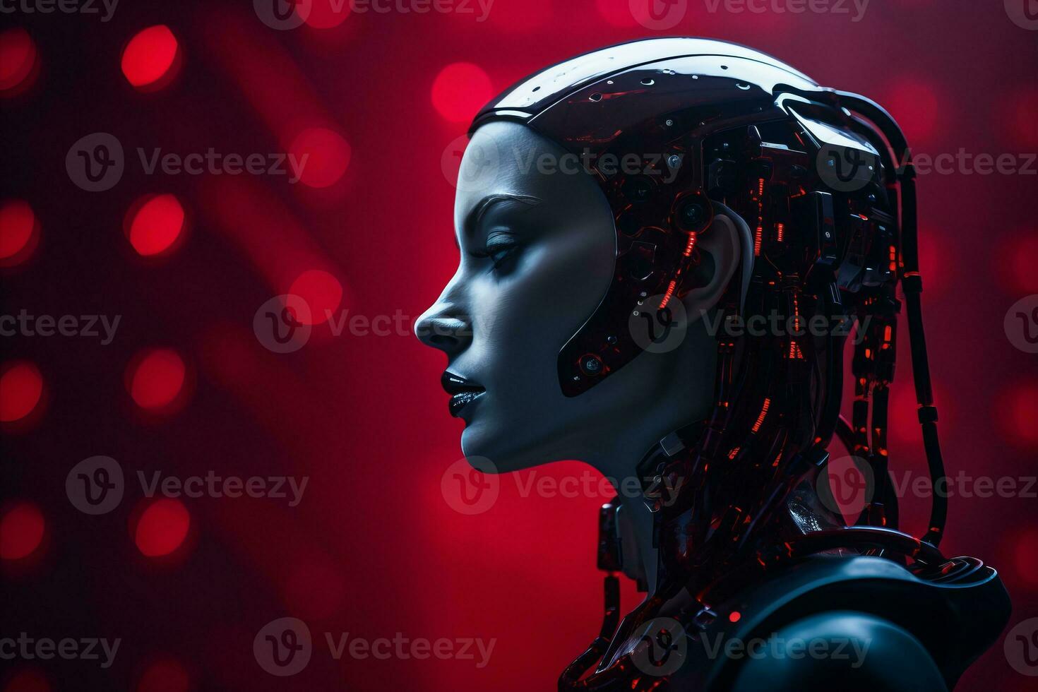 a female robot with red lights in the background generative ai photo