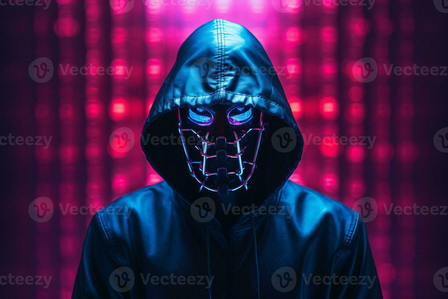 a man in a black hoodie with neon lights on his face generative ai photo