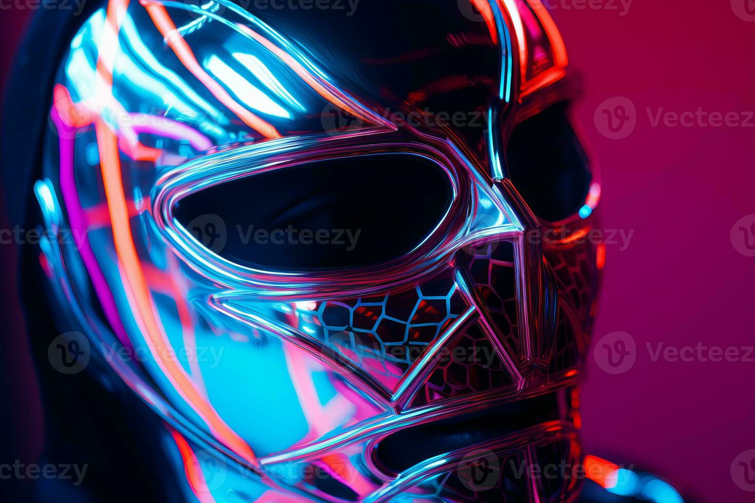 a person wearing a neon mask in front of a purple background generative ai photo