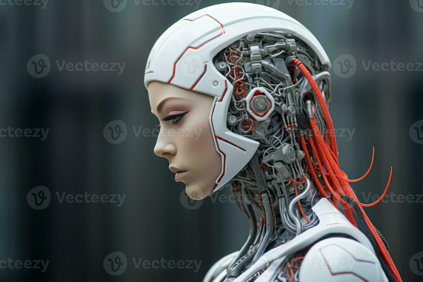 a female robot with red hair and wires on her head generative ai photo